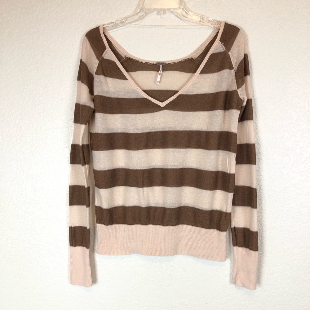 Free People Brown Tan V-Neck Striped Lightweight Sweater size XS